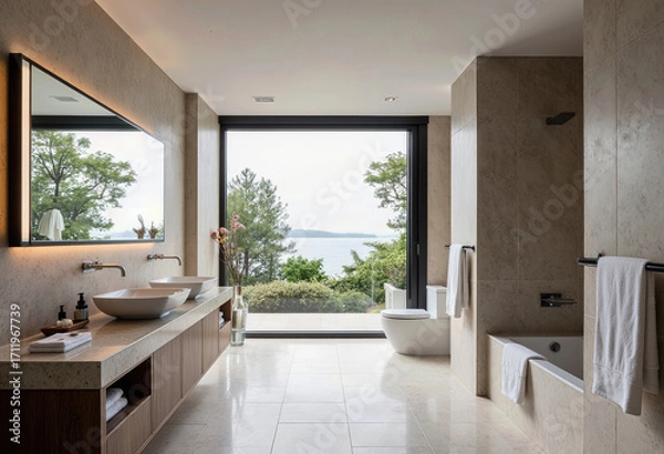 Fototapeta A luxurious and modern bathroom with a minimalist design, featuring a large window with a serene ocean view, creating a tranquil and spa-like home retreat.
