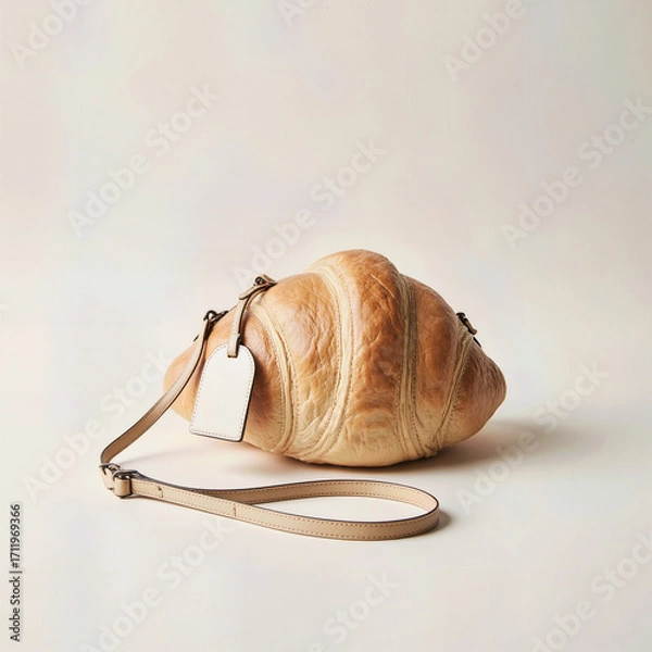 Fototapeta A whimsical and surreal fashion concept featuring a fresh, flaky croissant cleverly transformed into a chic handbag with a leather strap and a minimalist white tag.
