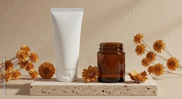 Fototapeta Minimalist Skincare Product Mockup with Dried Flowers