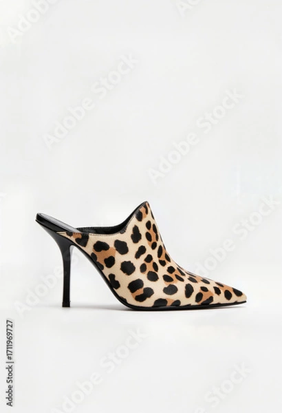 Fototapeta An elegant and bold leopard print stiletto mule with a sharp pointed toe, a sophisticated high-fashion footwear choice for a confident look, isolated on white.
