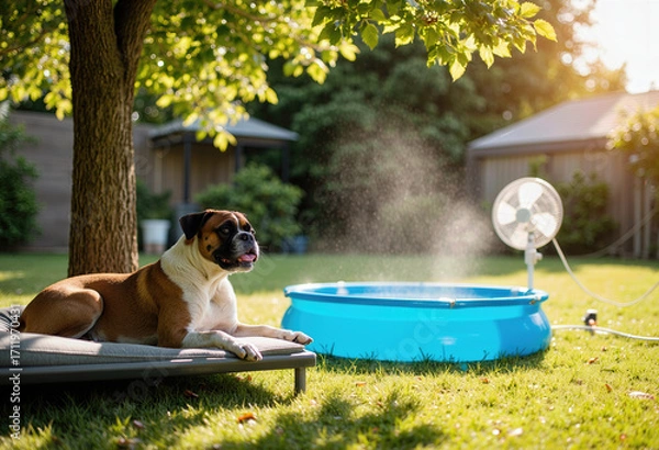 Fototapeta A Boxer dog stays cool on a hot summer day, relaxing in the backyard next to a kiddie pool with a refreshing misting fan for ultimate pet comfort.
