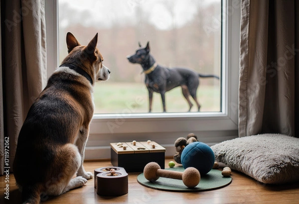 Fototapeta A watchful dog inside looks through a glass window at a friend outside, with toys nearby, capturing a moment of canine life, friendship, and quiet home life.
