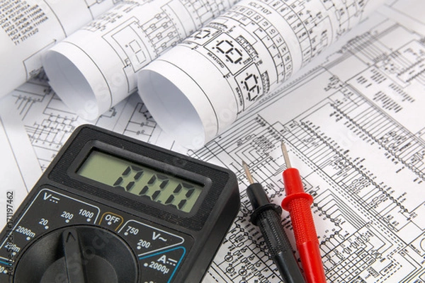 Obraz electrical engineering drawings and digital multimeter