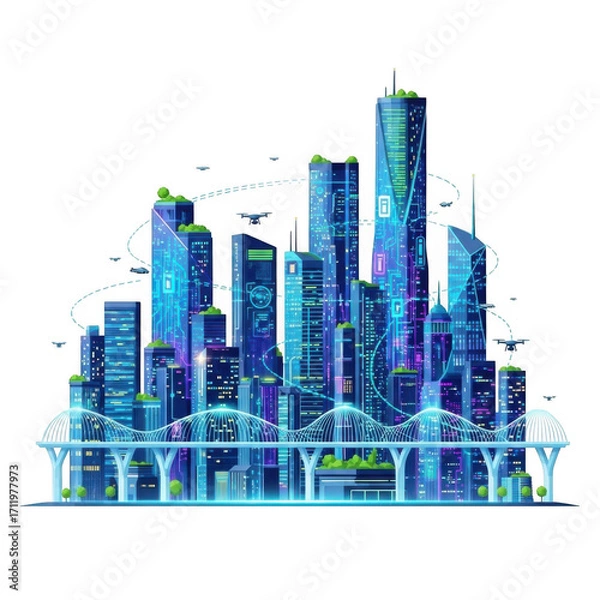 Fototapeta Futuristic neon cityscape with glowing buildings and bridges isolated on transparent background