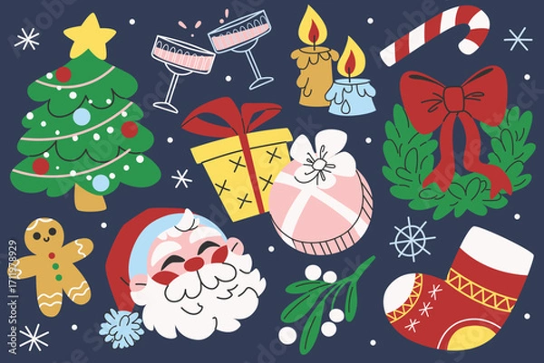 Obraz Festive set of Christmas elements. New Year's cartoon stickers. Xmas objects, Christmas tree, Santa Claus, gifts, wreath, stocking, candles, and sweets. Vector illustration