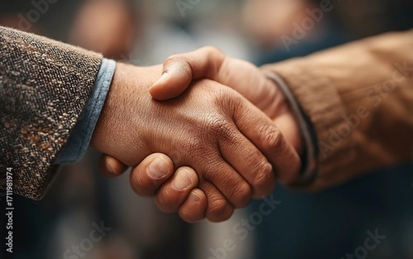 Fototapeta Two coworkers exchanging a supportive handshake in a warm environment symbolizing professional unity