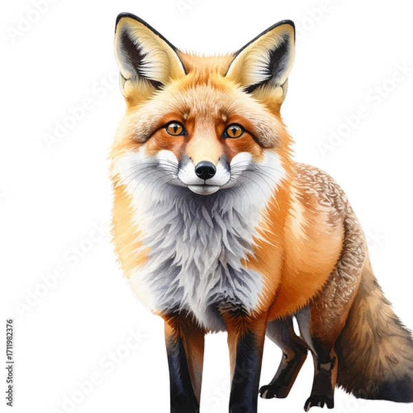 Fototapeta A young red fox, Vulpes vulpes, with a fluffy red coat stands isolated on a clean white background