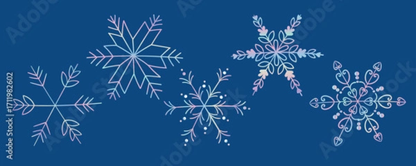 Fototapeta A vector set of five gradient snowflakes on a dark blue background. Design for cards, packaging, websites, prints, stickers and crafts