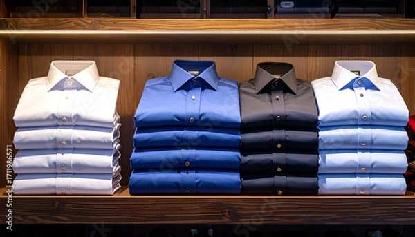 Fototapeta Neatly Folded Dress Shirts on a Wooden Shelf in a Retail Store.
