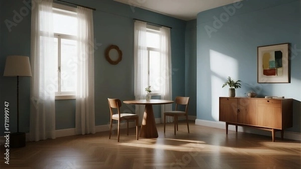 Fototapeta Modern and cozy living room with blue walls and wooden furniture