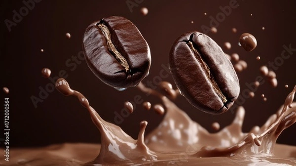 Fototapeta Coffee Beans Splashing into Rich Chocolate: An Exquisite Visual Symphony of Aroma and Taste