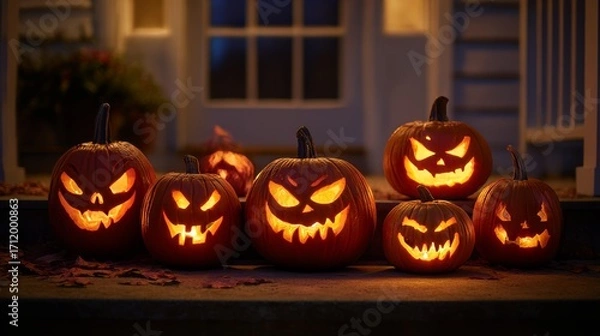 Fototapeta Row of Carved Halloween Jack-o'-Lanterns with Glowing Faces on Wooden Porch Creating Festive Halloween Display