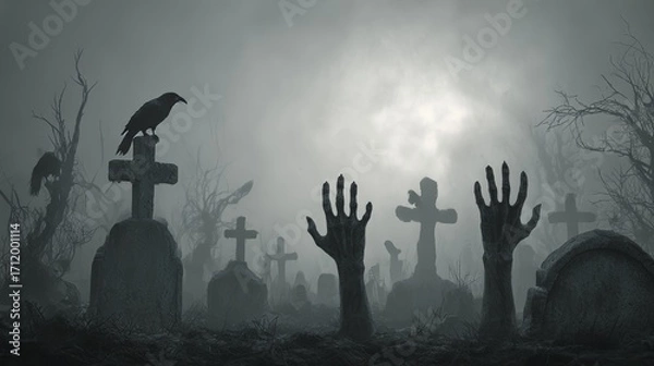 Fototapeta Haunted Graveyard Scene with Gothic Tombstones and Undead Hand Rising from Ground in Eerie Mist