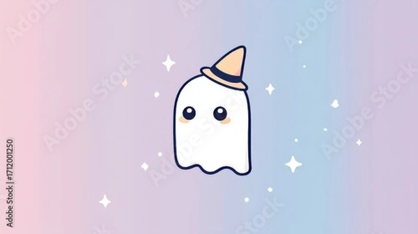 Fototapeta Cute Kawaii Ghost with Orange Witch Hat Floating Against Pastel Rainbow Background with Sparkles