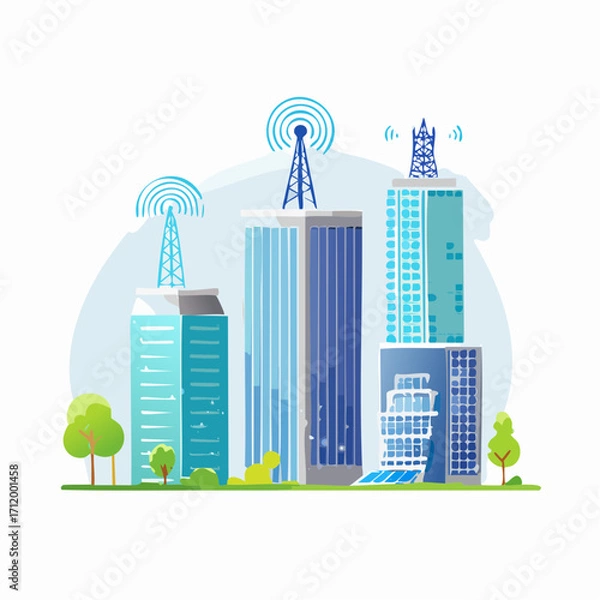 Obraz City Skyline Communication Modern Buildings with Wireless Network Towers