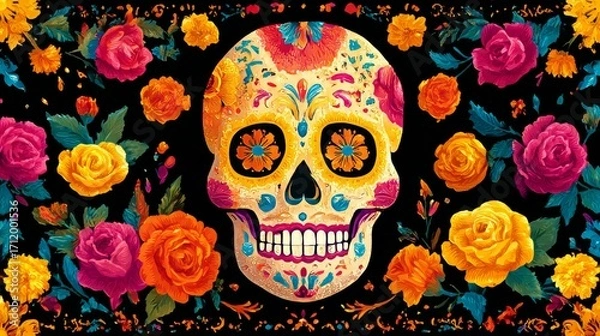 Fototapeta Vibrant Day of the Dead Sugar Skull with Colorful Floral Pattern on Black Background for Dia de los Muertos
