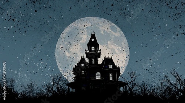 Fototapeta Gothic Halloween Landscape with Dark Haunted House and Bright Moon Creating Eerie Atmospheric Scene