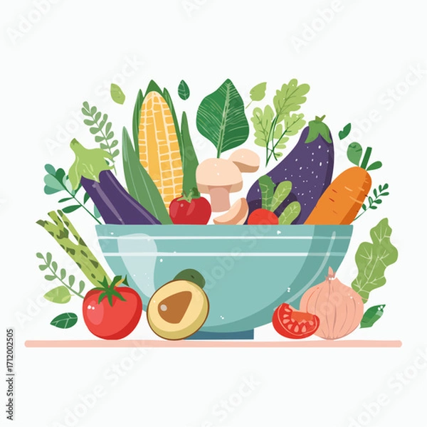 Fototapeta A vibrant and healthy assortment of fresh vegetables and produce, artfully arranged in a bowl, symbolizing a wholesome and nutritious diet