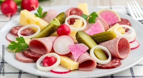 Obraz Delicious Assorted Cold Cuts Salad with Radishes.