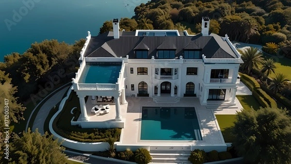 Fototapeta a drone shot of a luxury two-story white mansion with mirrors, a black helicopter, and a small garden, with no mountains in the background, and very blue and pure water, 8K ultra quality, full HD imag