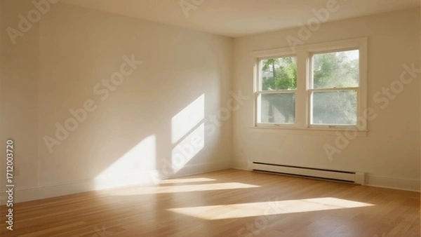 Fototapeta Empty room with wooden floor and large windows letting in light