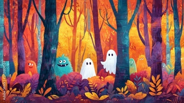 Fototapeta Adorable Ghost Characters in Whimsical Autumn Woodland with Vibrant Orange and Blue Tree Colors