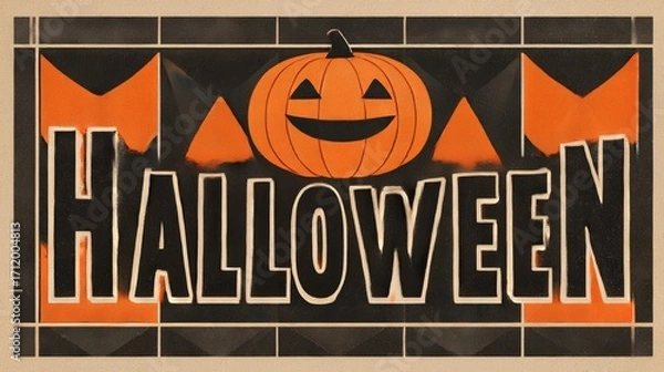 Fototapeta Vintage Halloween Banner with Orange Jack-o'-Lantern Face and Black Triangle Bunting on Rustic Wood