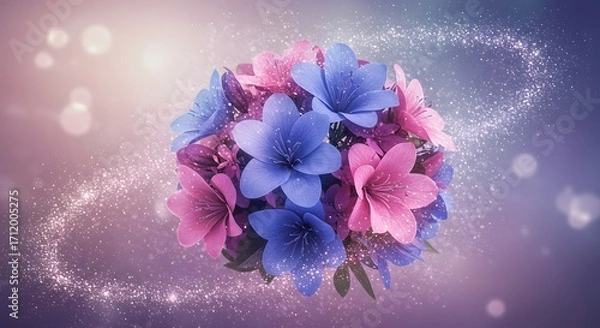 Fototapeta Magical Pink and Blue Flower Ball with Sparkling Dust and Soft Gradient Background