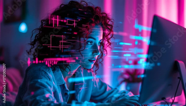Fototapeta Woman Working on Computer with Pink and Blue Digital Data Overlay