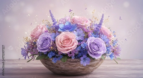 Fototapeta Enchanting Pastel Floral Arrangement with Delicate Butterflies and Sparkling Bokeh
