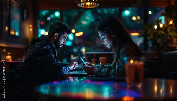 Fototapeta Young Couple Using Smartphones in a Dimly Lit Cafe