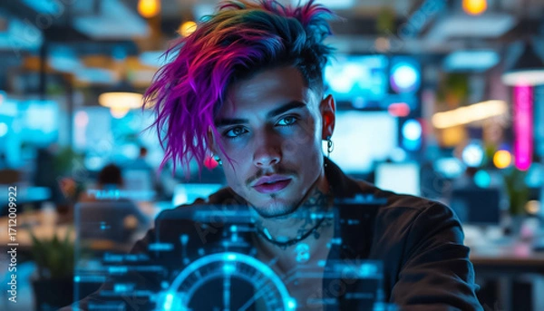 Fototapeta Young Man with Colorful Hair Using Futuristic Interface