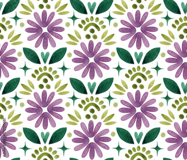 Fototapeta Seamless floral pattern with purple flowers and green leaves in geometric boho style