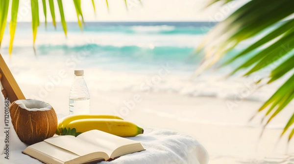Obraz serene beachside scene lounge chair draped white towel open book fresh bananas a coconut bottle water. palm leaves view ocean waves tropical relaxation wellness leisure sea