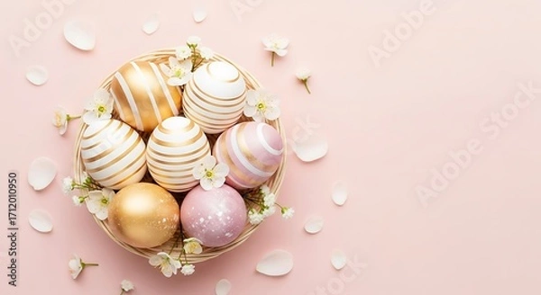 Obraz Easter Eggs in a Basket with Flowers.
