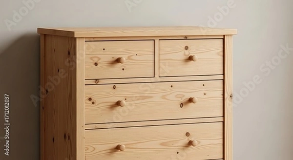 Obraz Light Wooden Chest of Drawers, Simple Design, Natural Wood Grain.