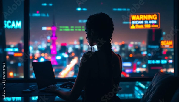 Fototapeta Cybersecurity Specialist Working at Night in a Modern City Office