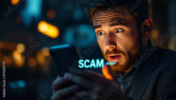 Fototapeta Shocked Man Reading Scam Message on Smartphone at Night