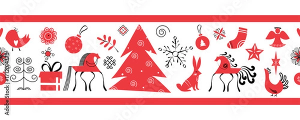 Fototapeta Christmas seamless ornament in folk style on white background. Mezen painting. Christmas graphic elements collection in scandinavian style