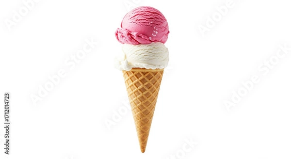 Obraz Double scoop ice cream cone with strawberry and vanilla isolated PNG with Transparent Background