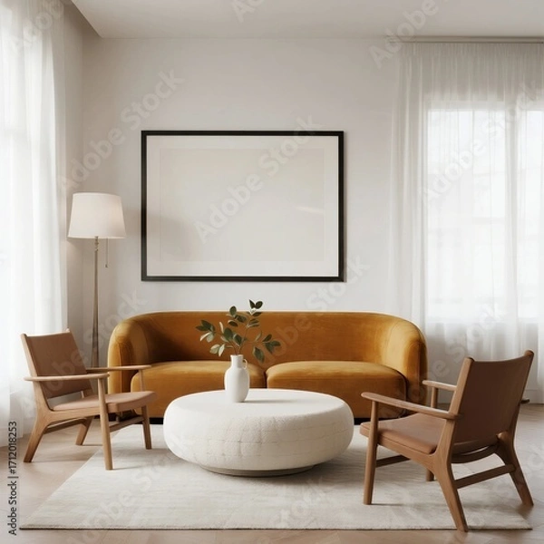 Fototapeta Modern living room with mustard velvet sofa and wooden armchairs
