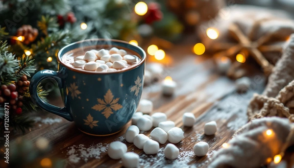 Fototapeta Warm Winter Cocoa with Marshmallows Festive Lights