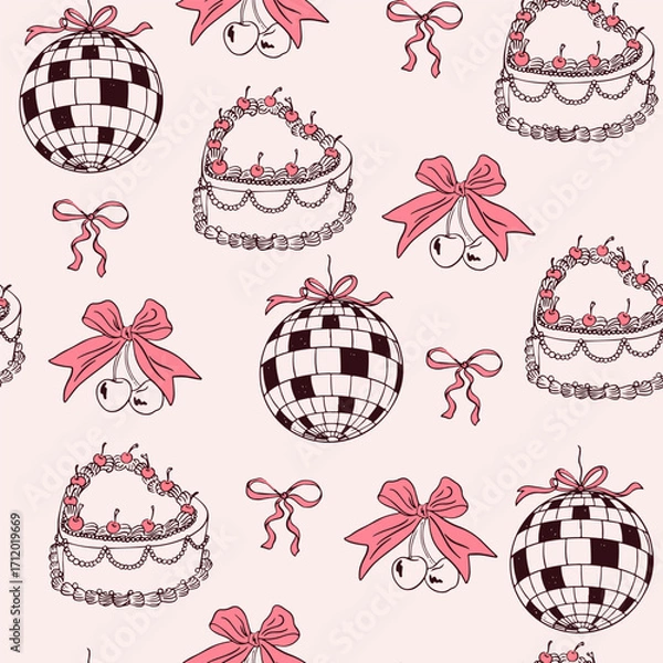 Fototapeta Hand drawn whimsical coquette seamless pattern. Vintage background with bows, cake, disco ball and cherry for wedding invitation, valentine day. Vector romantic wallpaper, wrapping paper, textile