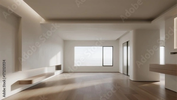 Fototapeta Modern minimalist interior space with large windows and simple furniture