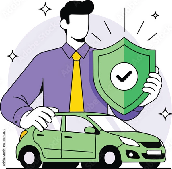 Fototapeta Man protecting car with shield isolated on white background