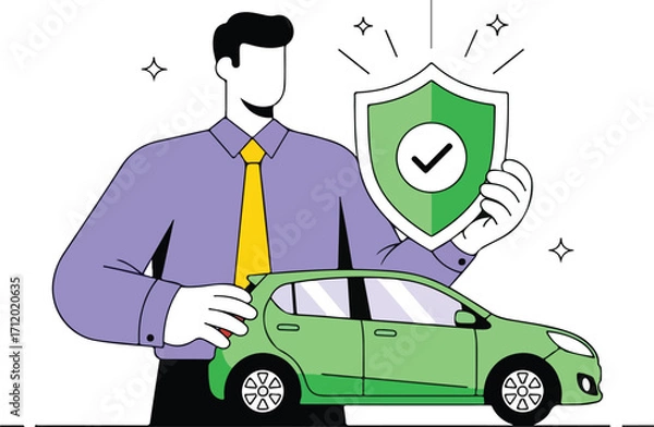 Fototapeta Man holding shield with checkmark protecting car isolated on white background