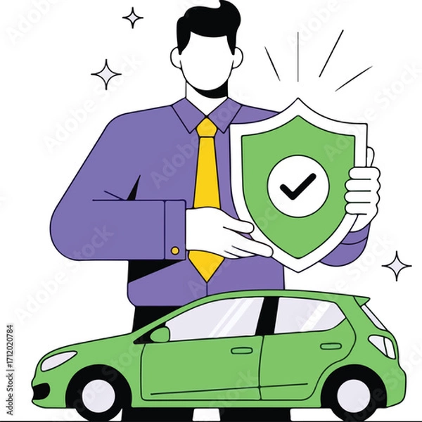 Fototapeta Man holding shield with checkmark protecting car isolated on white background