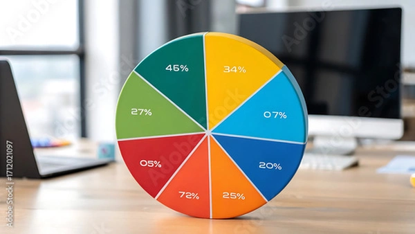 Obraz 3D Pie Chart Model with Colorful Segments on Office Desk