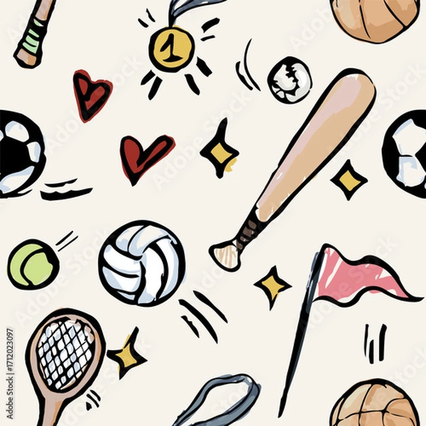 Obraz Seamless pattern with sport elements. Doodle Hand draw marker texture. Balls, football, hockey, tennis racket, basketball, medal, flag.