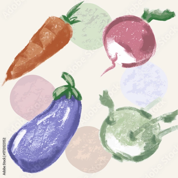 Fototapeta Seamless pattern pastel vegetables and circles. Sketch, Artistik  and original. Hand draw with texture. Eggplant, radish, carrot, kohlrabi. Vector, isolated